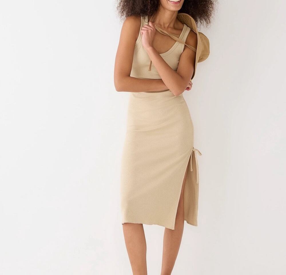 J.Crew Ruched Midi Dress Vintage Rib Tan Brown Sz S Bodycon Maxi - Worn 1x!